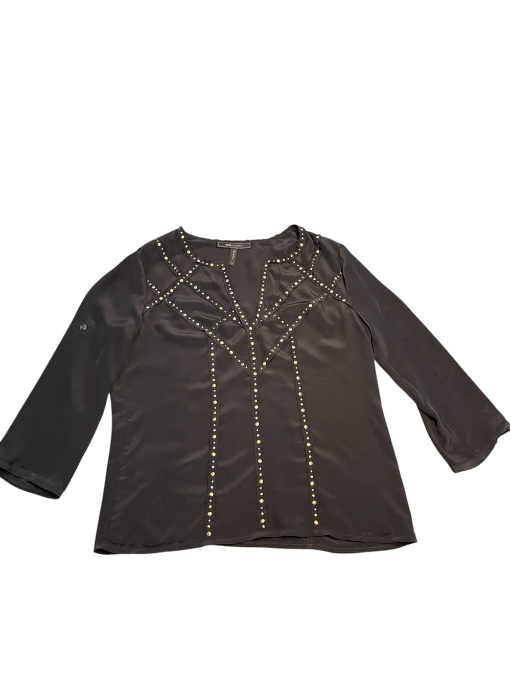 BCBG Maxazria Black Silk Studded V-Neck 3/4 Sleeves Blouse - Picture 5 of 8